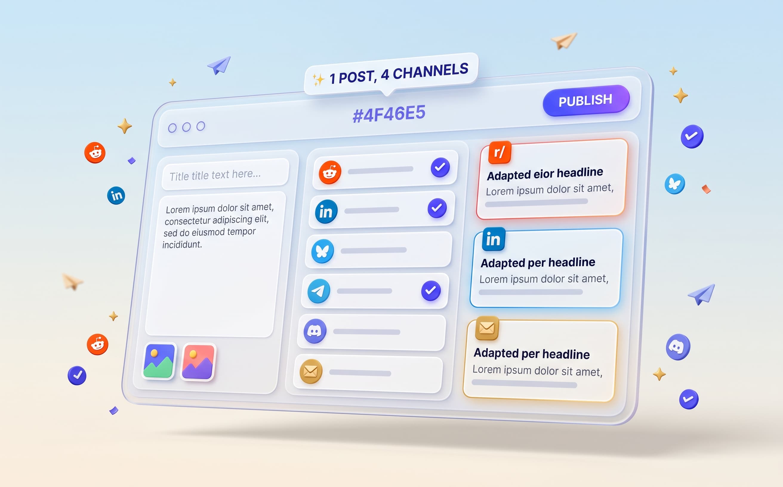 AI Boost Post composer showing per-channel adapted previews