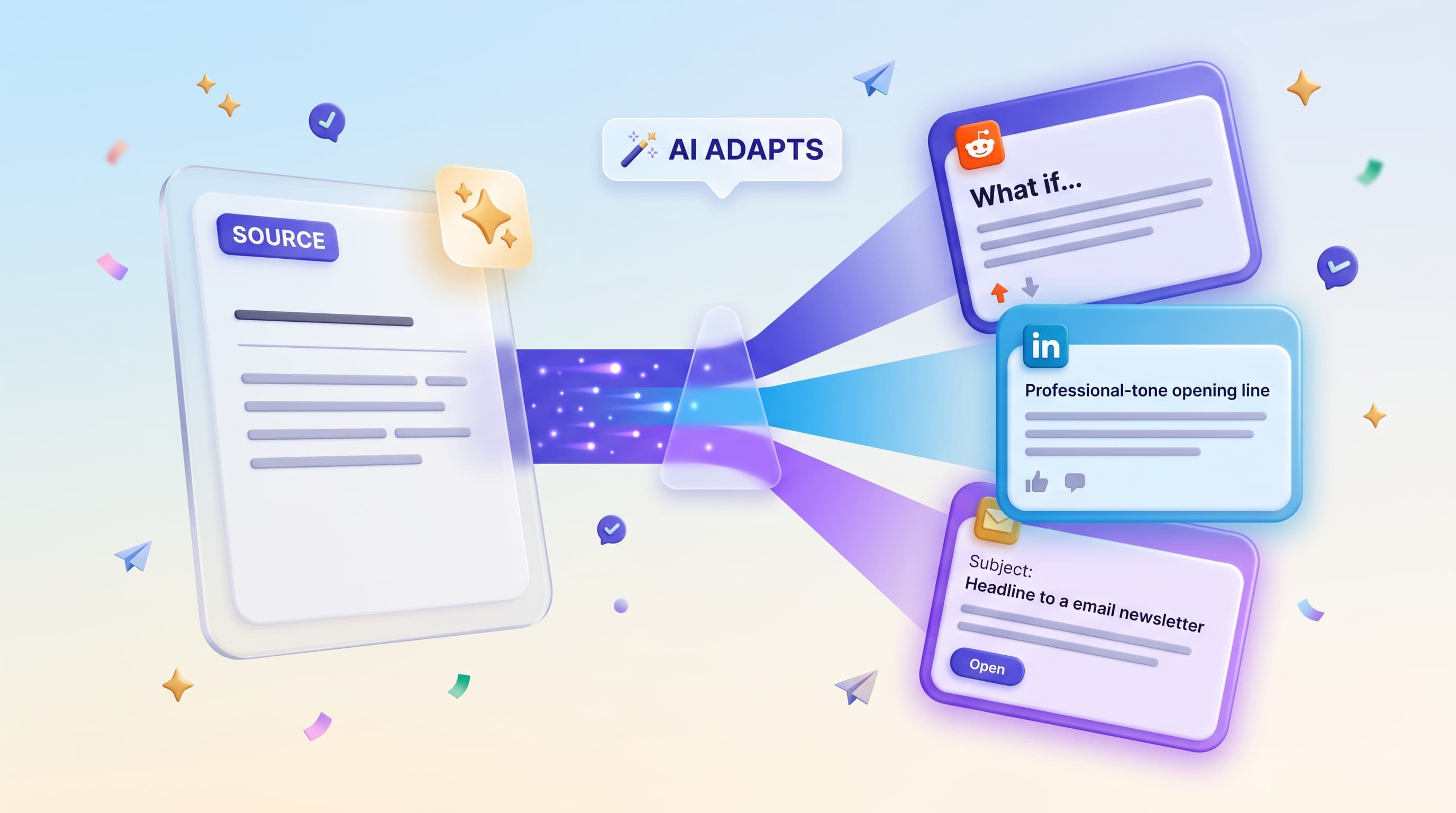A source post adapted into three platform-specific versions