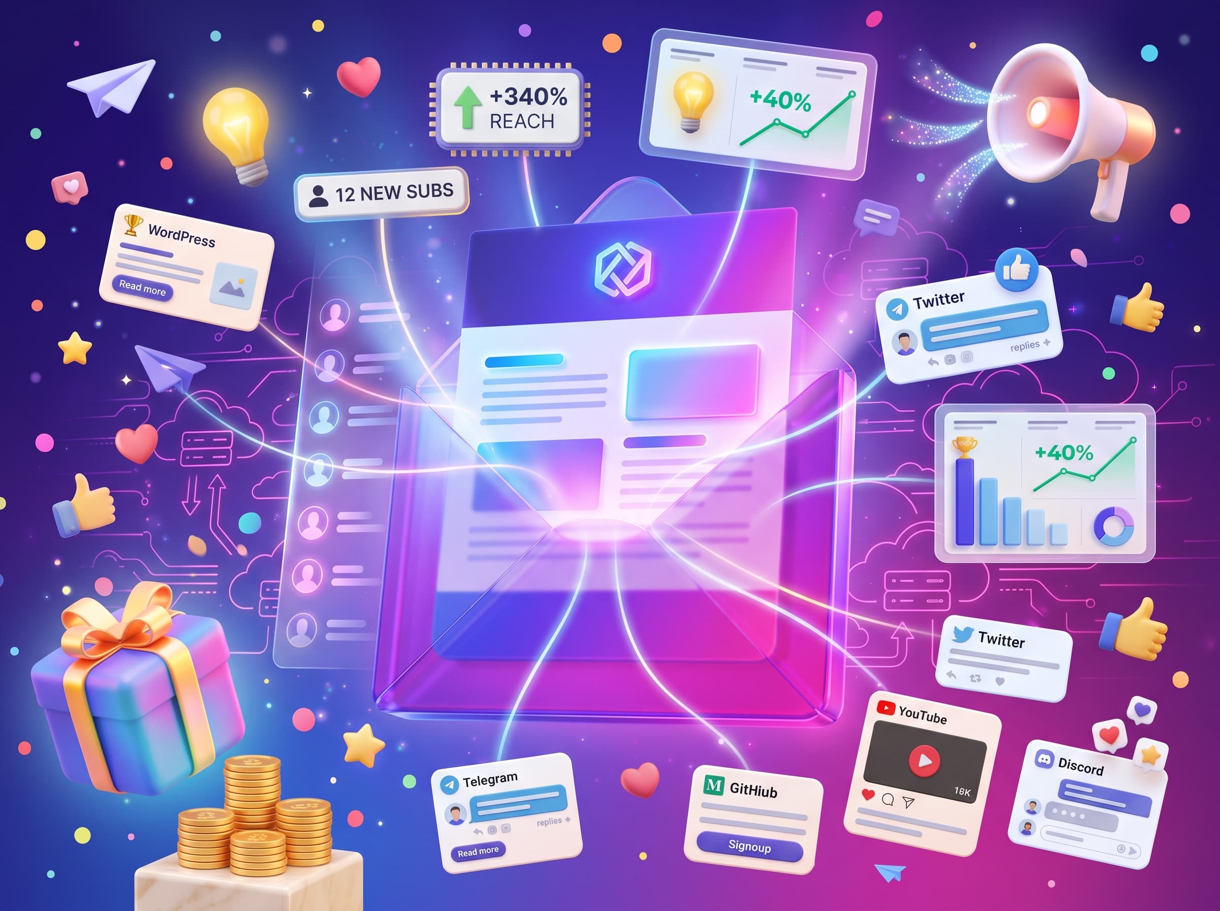 A branded email envelope at the center with a logo lockup at the header, a contact list cascading beside it, and a translucent AWS cloud glyph in the background