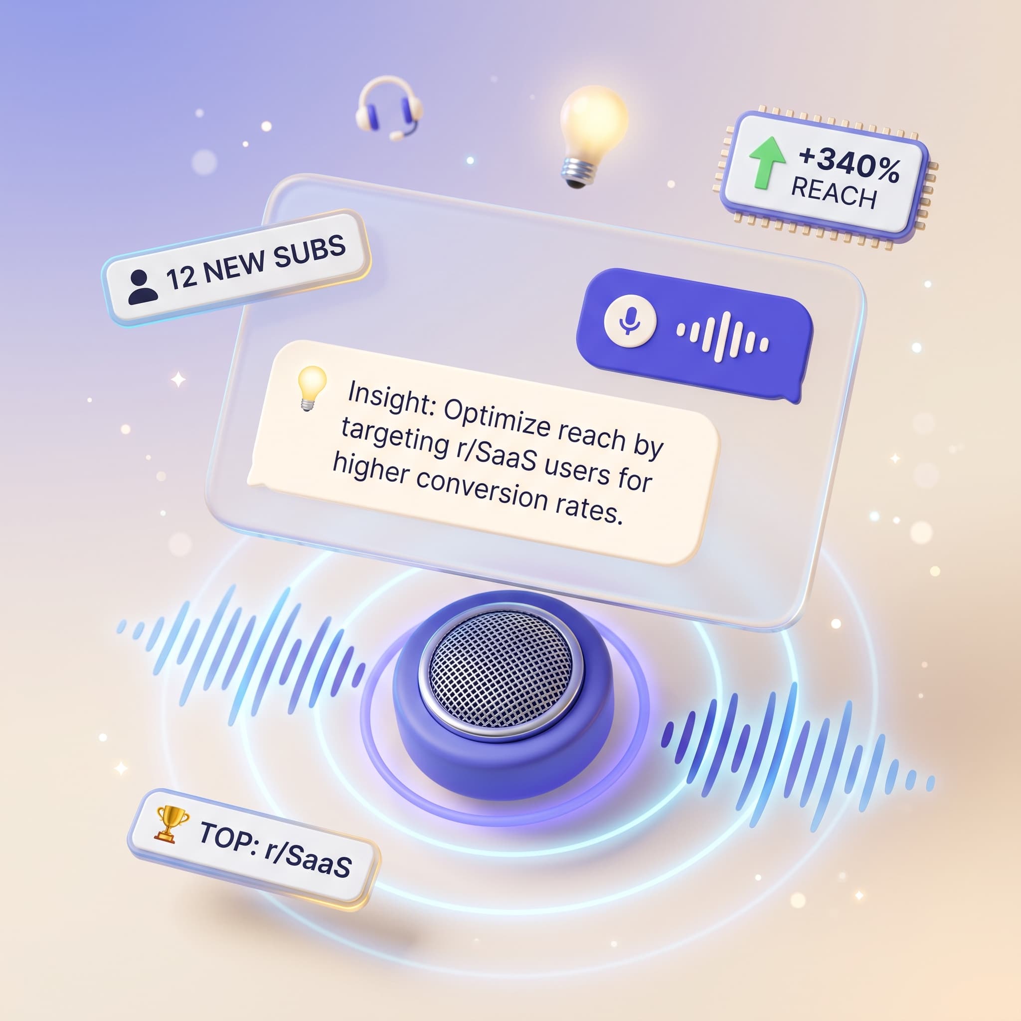 AI Voice Copilot conversation with mic button, showing a spoken question and answer