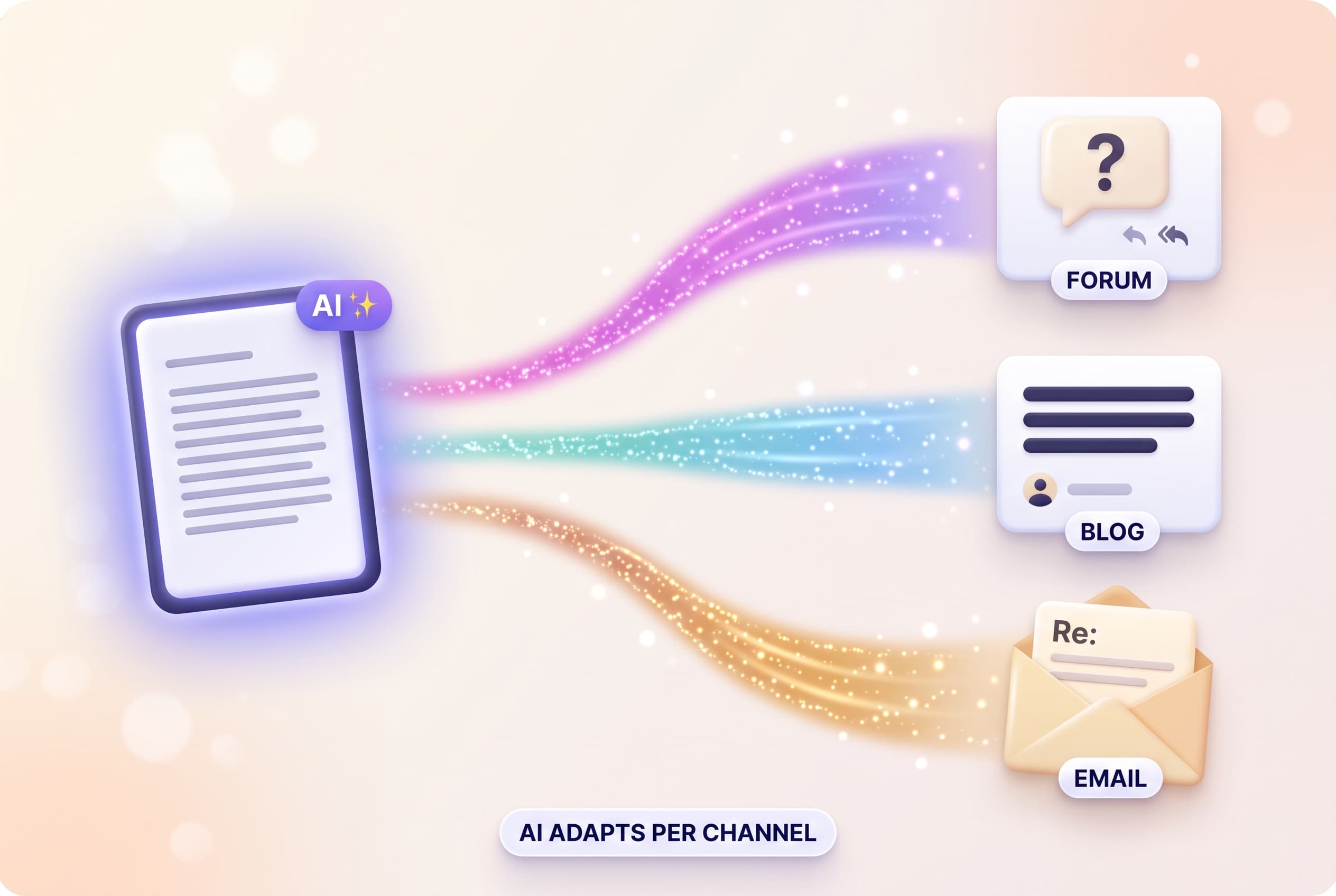 A source document fanning out into three platform-tailored variations, each in a different visual style