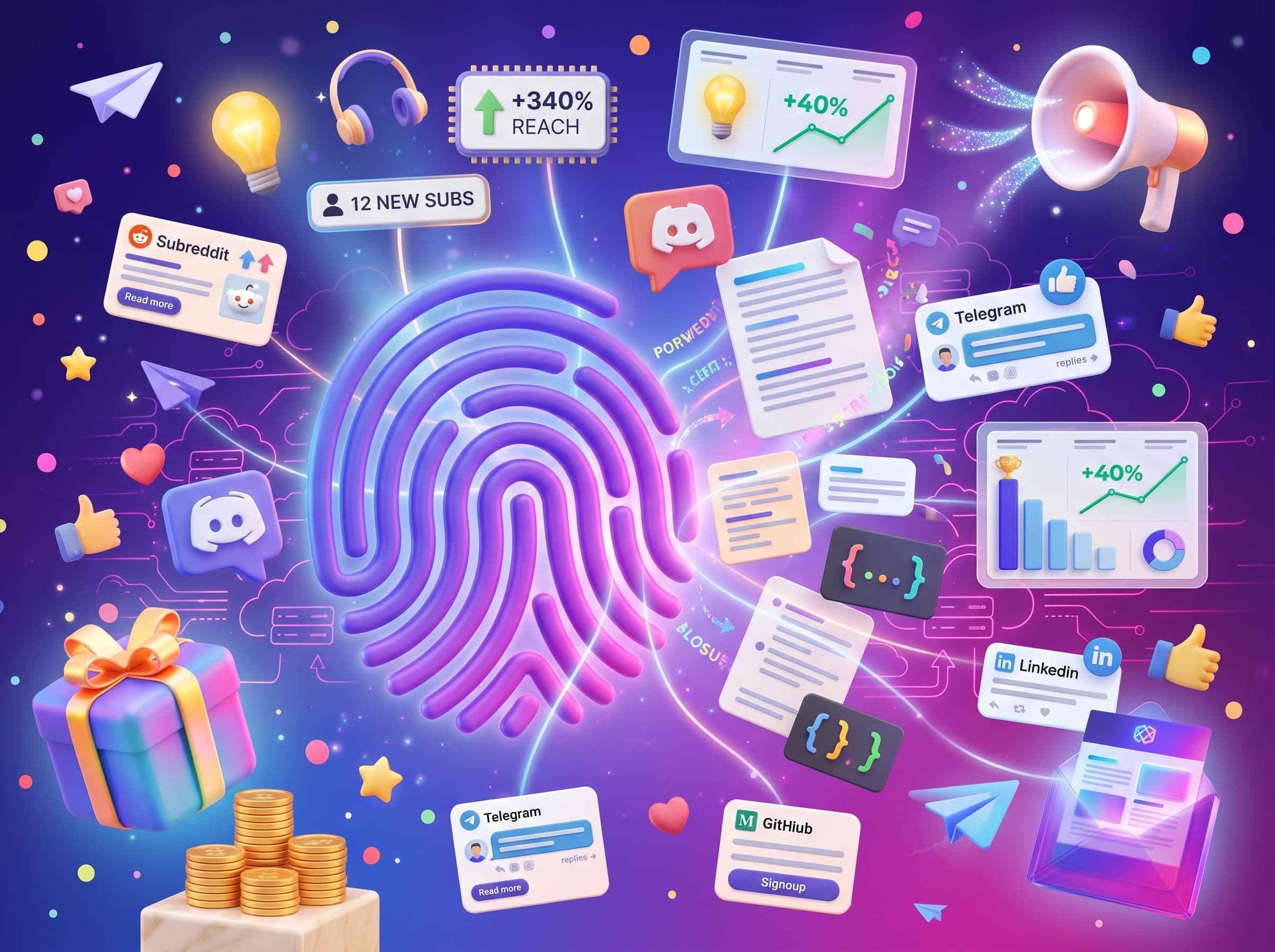 A stylized fingerprint dissolving into lines of text, each line in a slightly different style, with channel glyphs along the margin — a single voice adapting across platforms